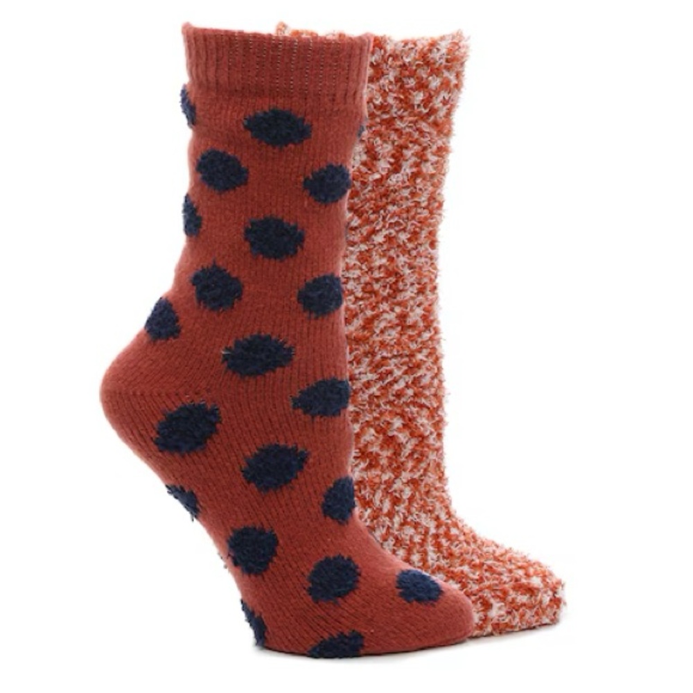 Crown vintage burnt orange fuzzy cozy long socks navy polka dots NEW NWT